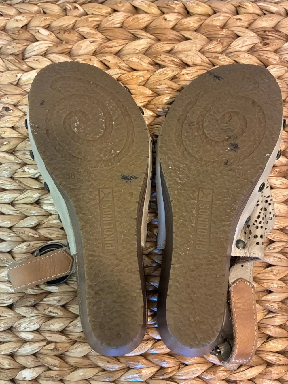 PIKOLINOS Tan Perforated Leather Wedge Sandals